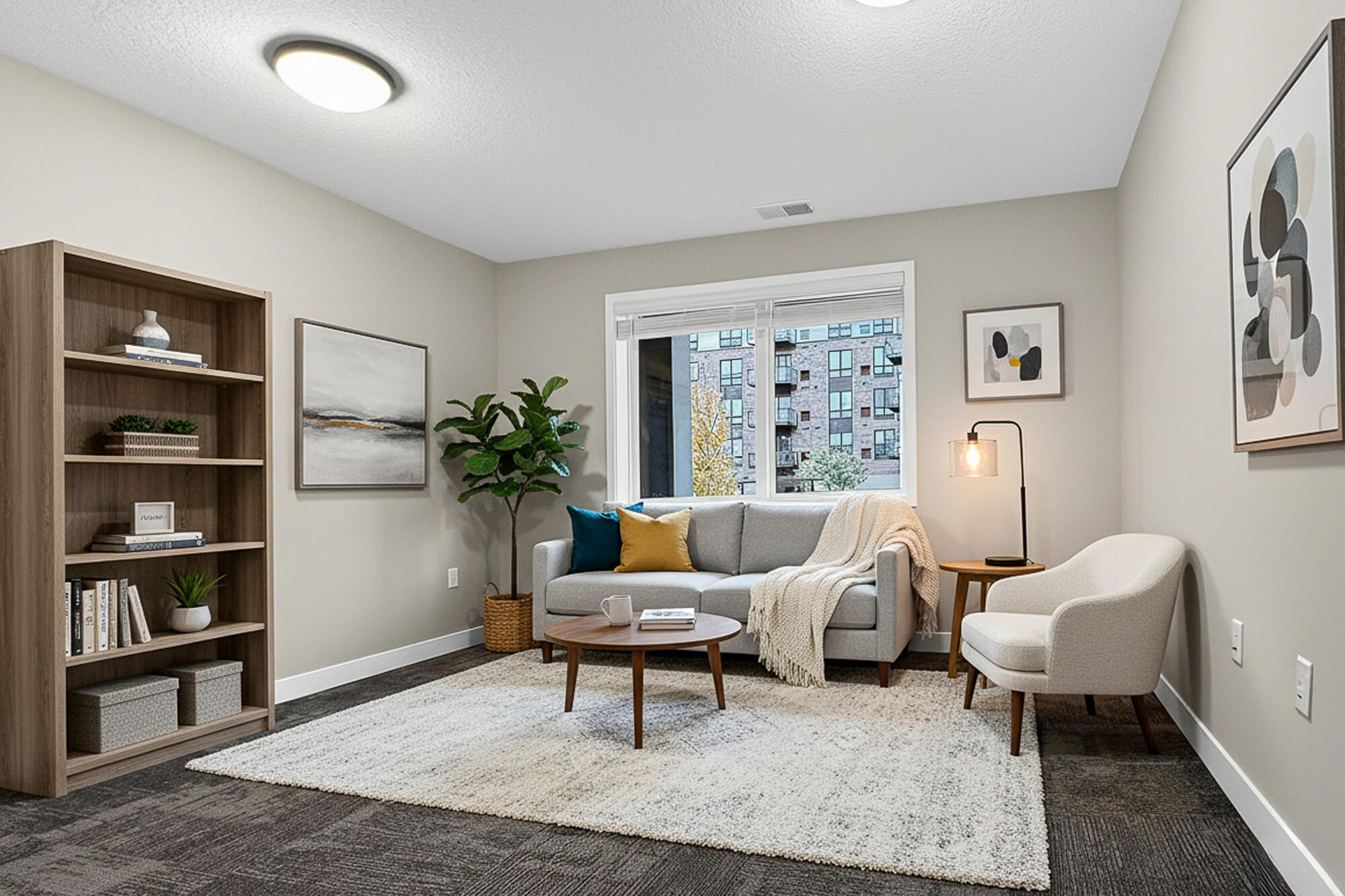Cozy living room with gray sofa, wooden bookshelf, and modern decor elements.
